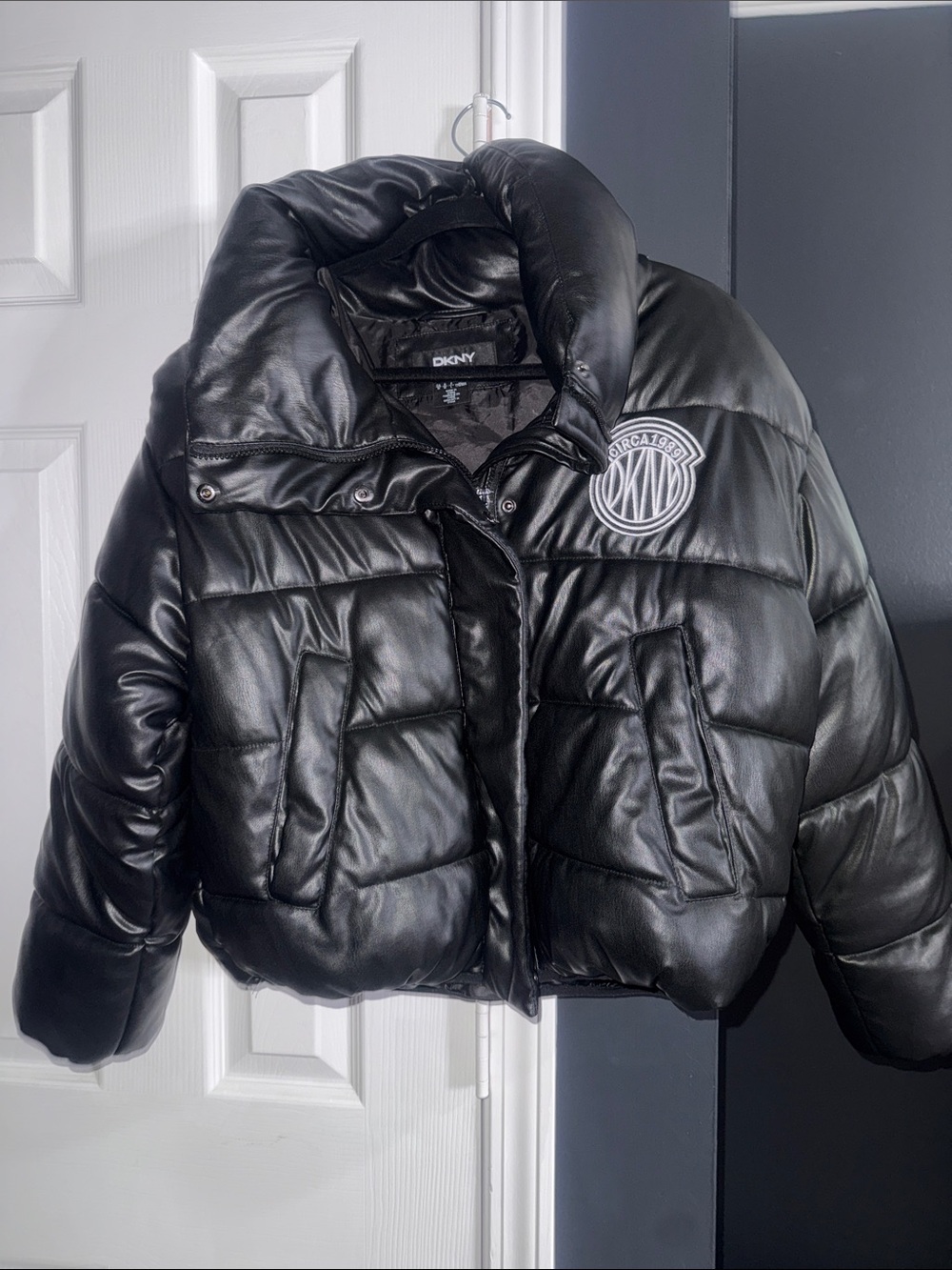 DKNY Black Faux-Leather Cropped Puffer Jacket